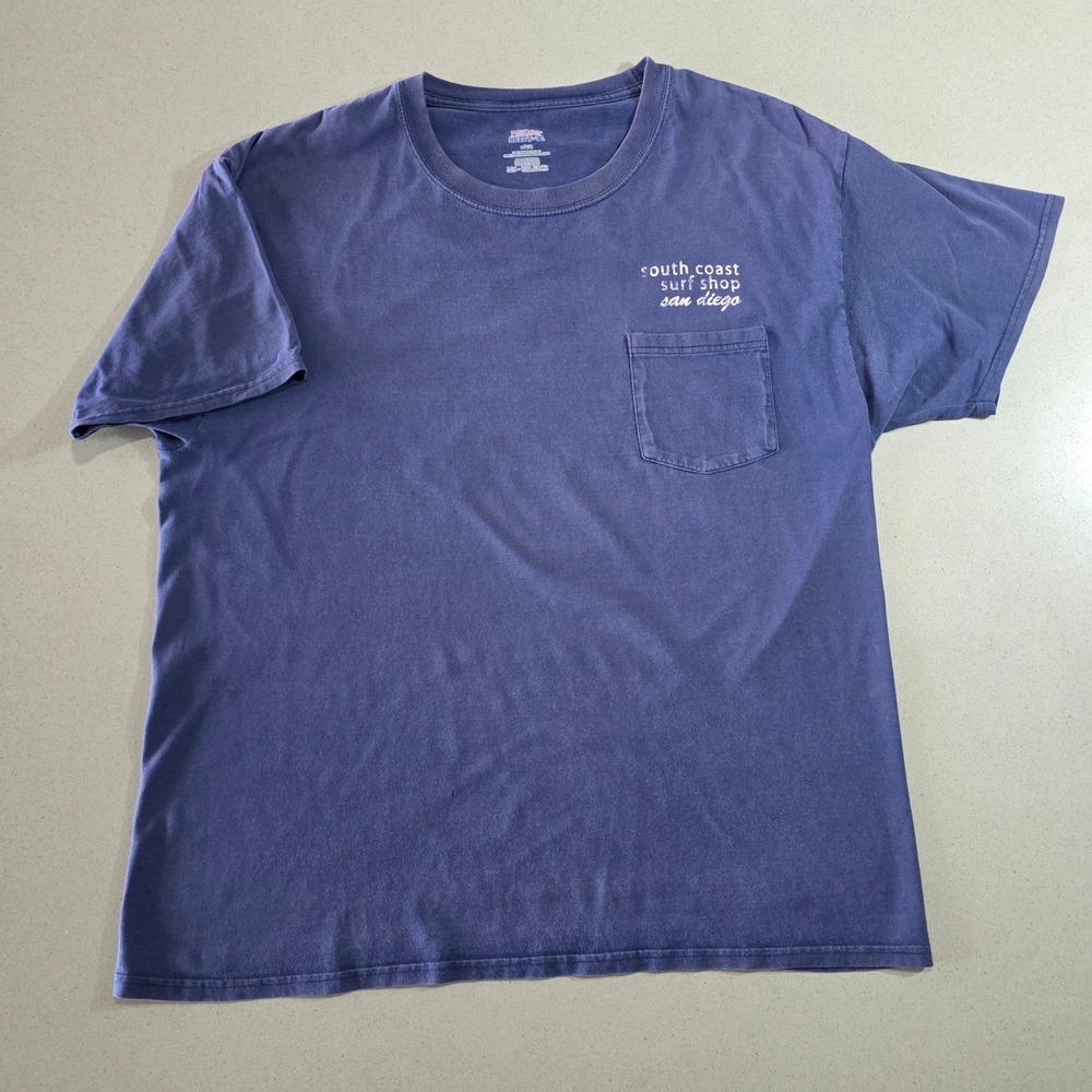 Hanes Beefy-T South Coast Surf Shop San Diego Pocket Graphic T-Shirt Navy Blue L